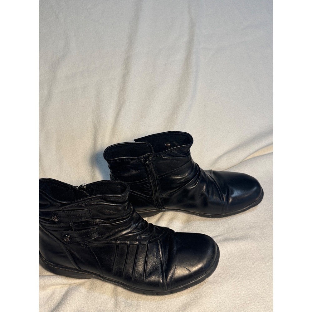 Rockport Black Leather Ruched Ankle Boots Womens 9M Side Zip Pleated Booties
